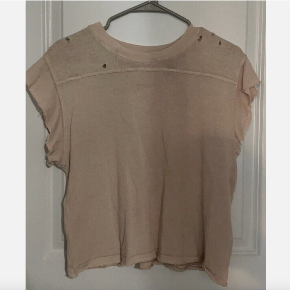 Free People Distressed Beige Short Sleeve Shirt